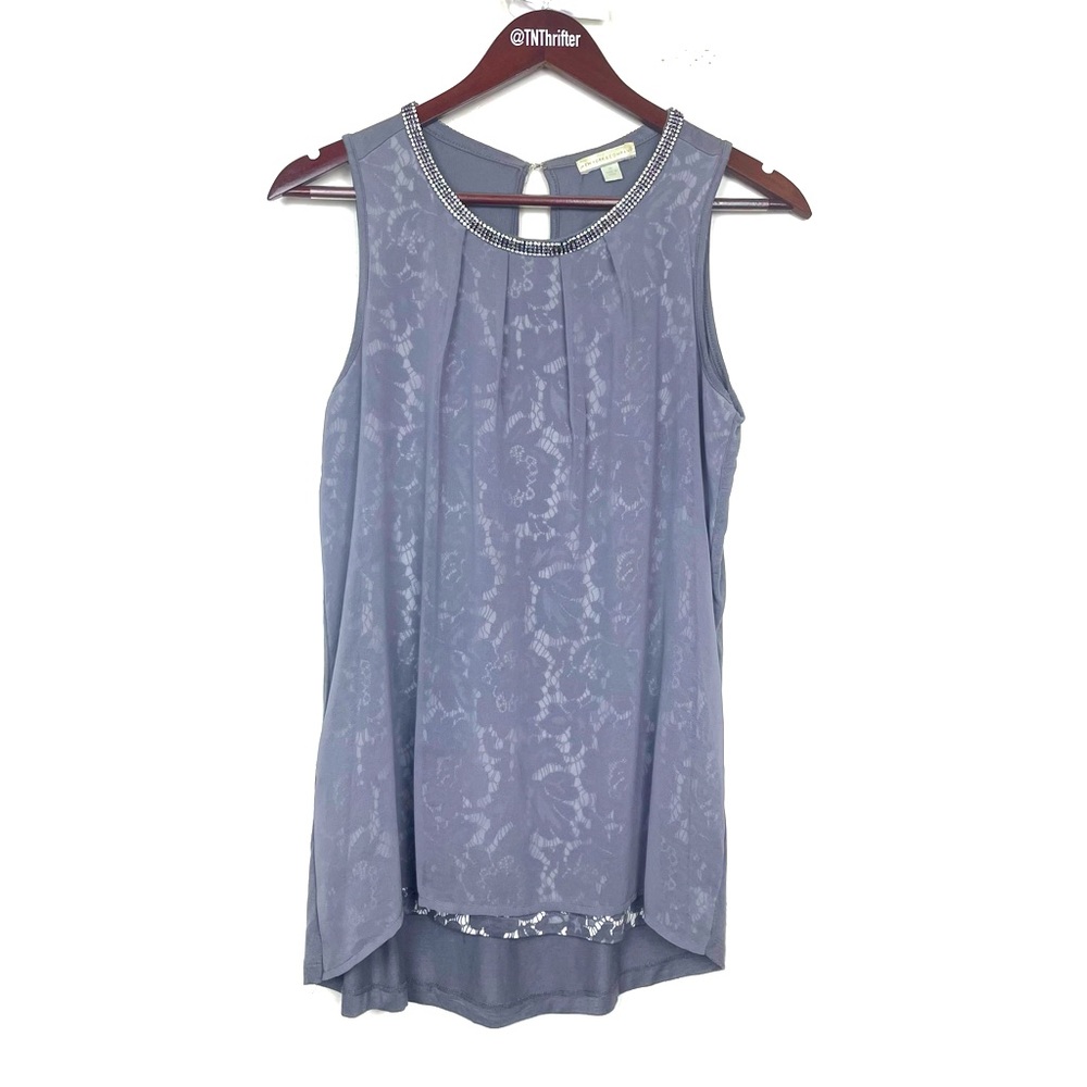 New York and Company Womens Rhinestone Neckline Lace Print Blouse Size XS Gray